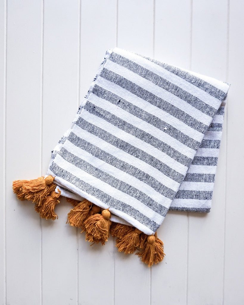 Fitzroy Striped Throw Blanket Black Whitewashed Stripe with Mustard Tassels | Blankets