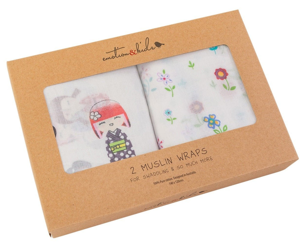 Japanese Doll and Field of Flowers Muslin Wrap 2 Pack | Muslin Wrap