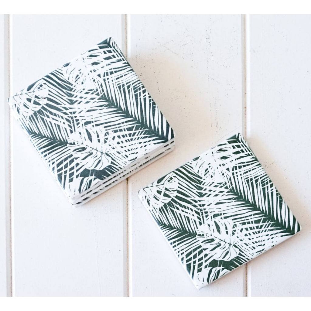 Palm Frond Collage Coasters White/Green Set/4 | Coasters